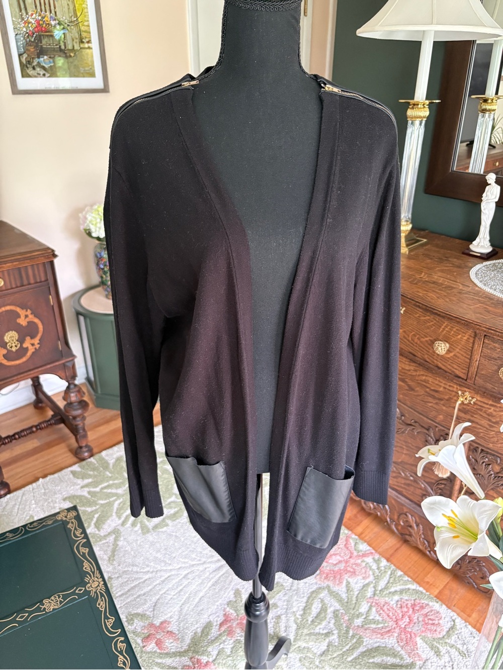 Black XL Women's Open-Front Cardigan with Faux Leather Pockets